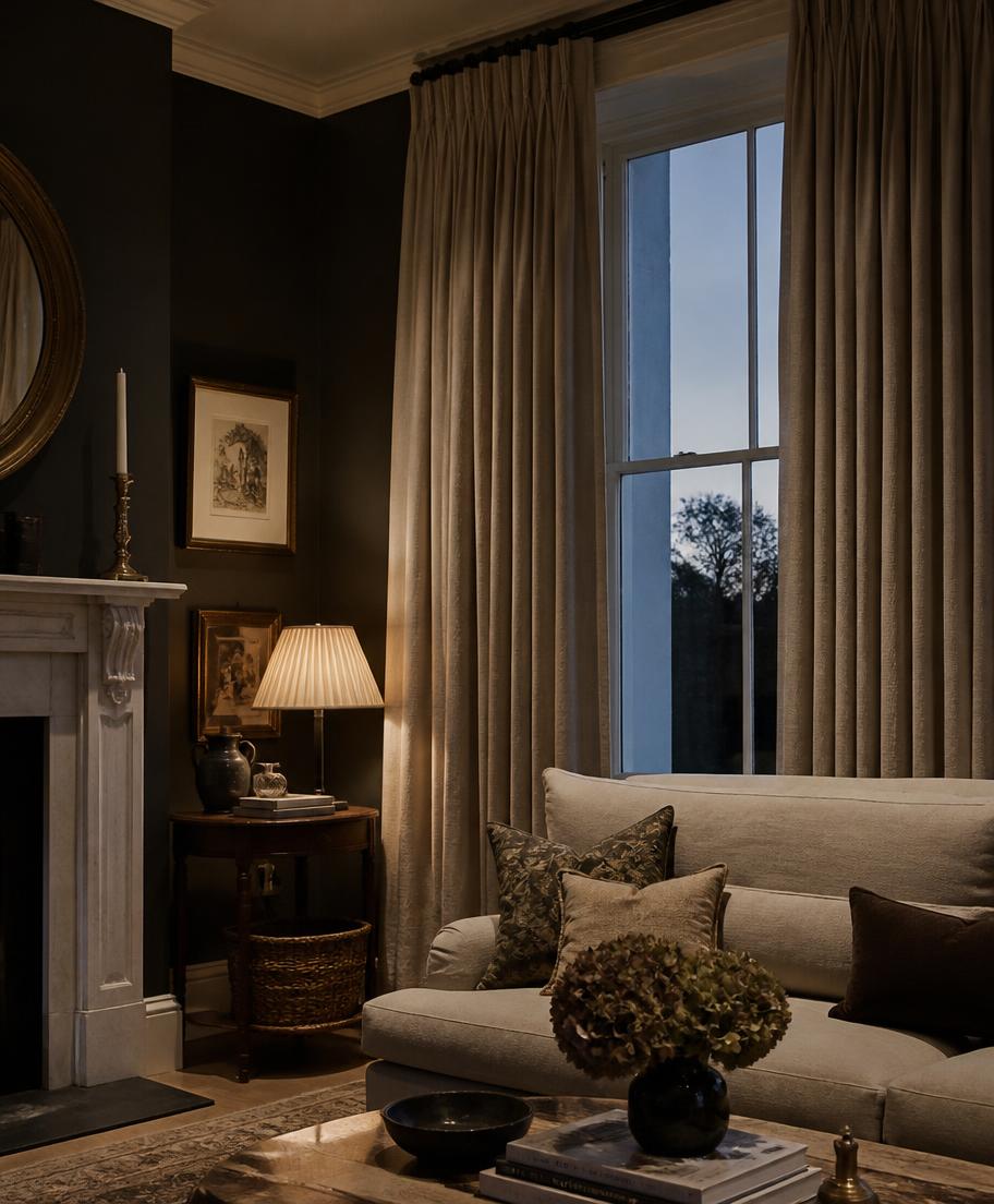 Elegant drawing room at dusk with full-length made to measure pinch pleat curtains