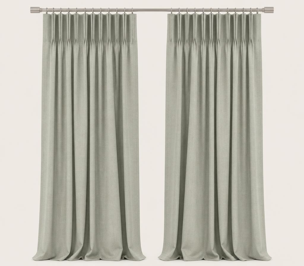 Pale linen curtains with a deep pencil pleat heading