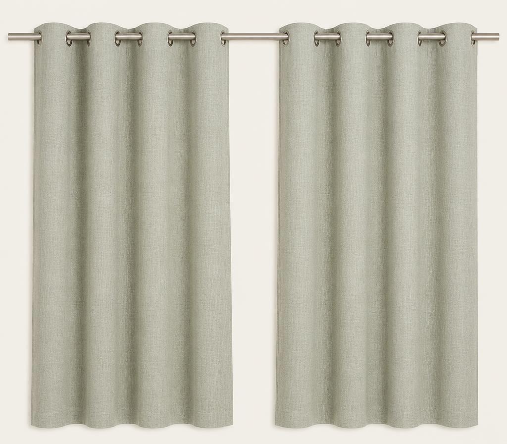 Pale linen curtains with metal eyelets threaded onto a steel pole
