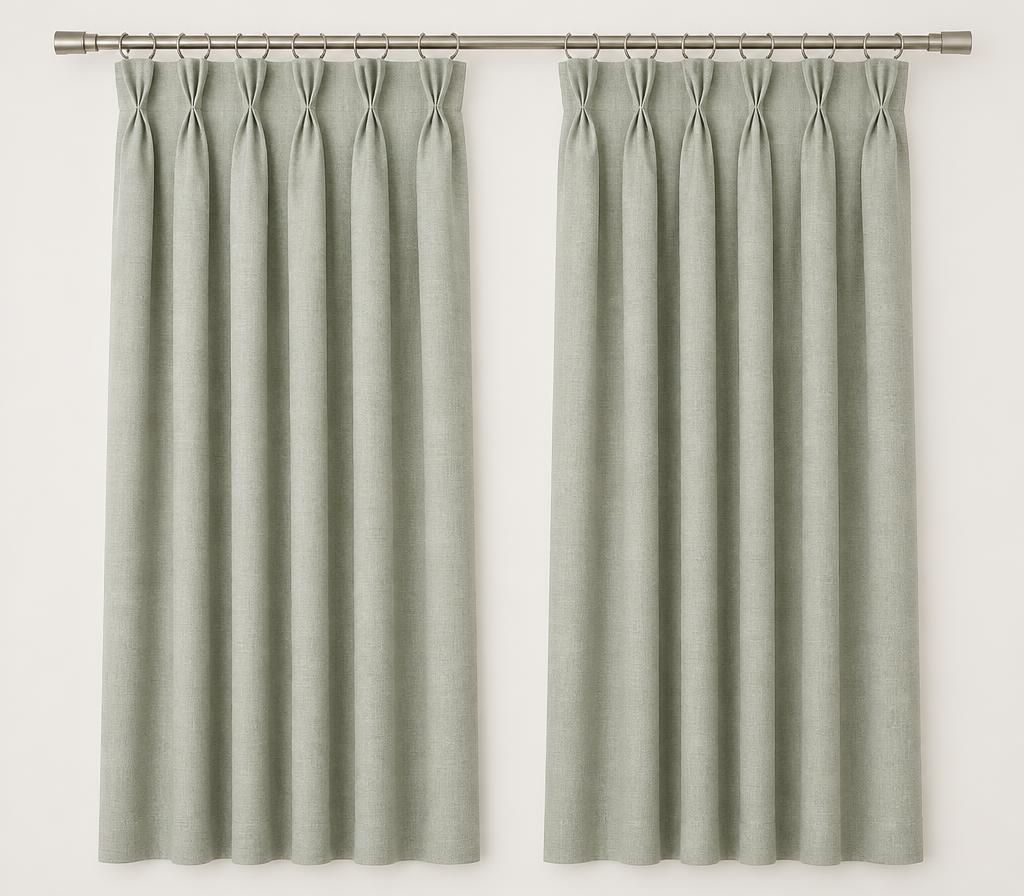 Pale linen curtains with rounded goblet pleats at the heading