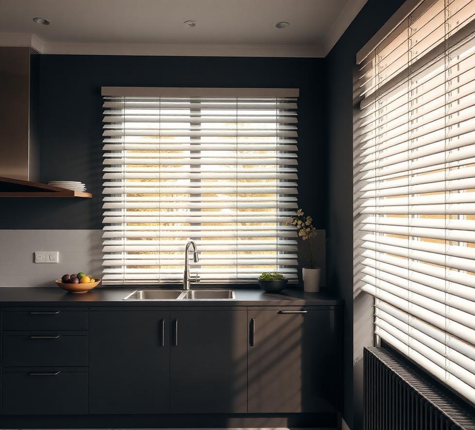 Slim aluminium Venetian blinds in a contemporary dark kitchen