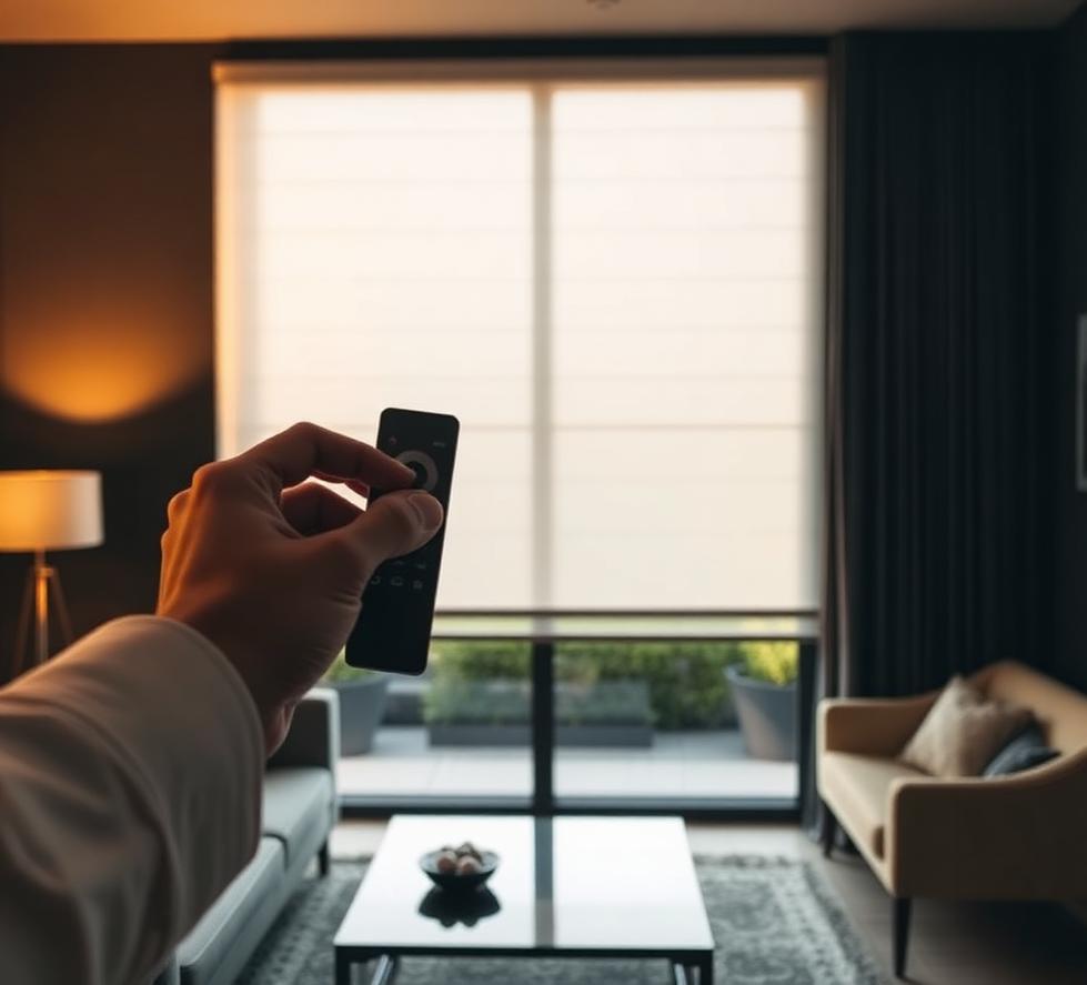 Motorised roller blind on a tall window operated by remote