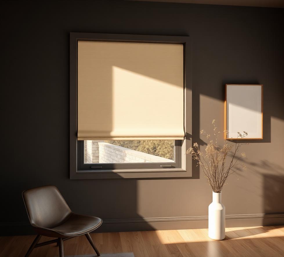 Cream roller blind in a minimal room with charcoal walls
