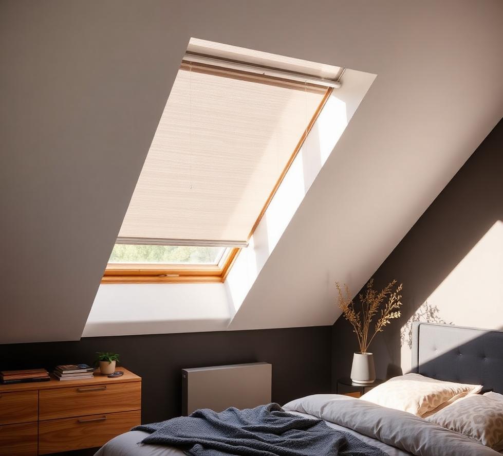 Skylight roof window blind in a loft bedroom
