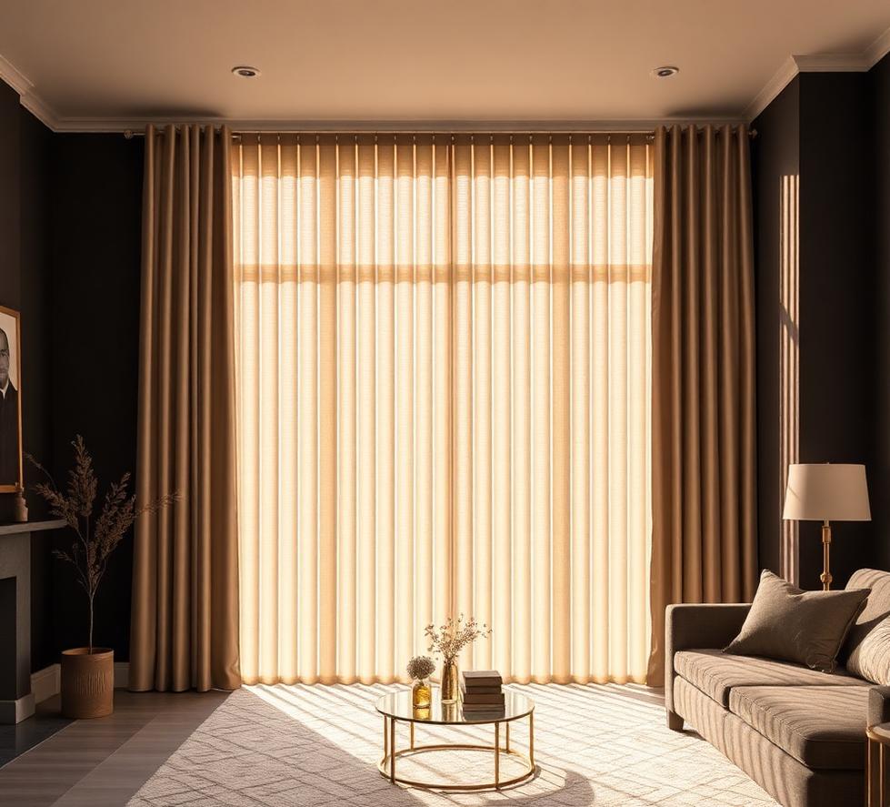 Vertical blinds across a large window in a refined living room