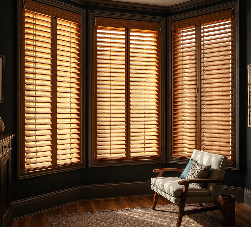 Wooden Venetian blinds in warm oak slats in a moody study